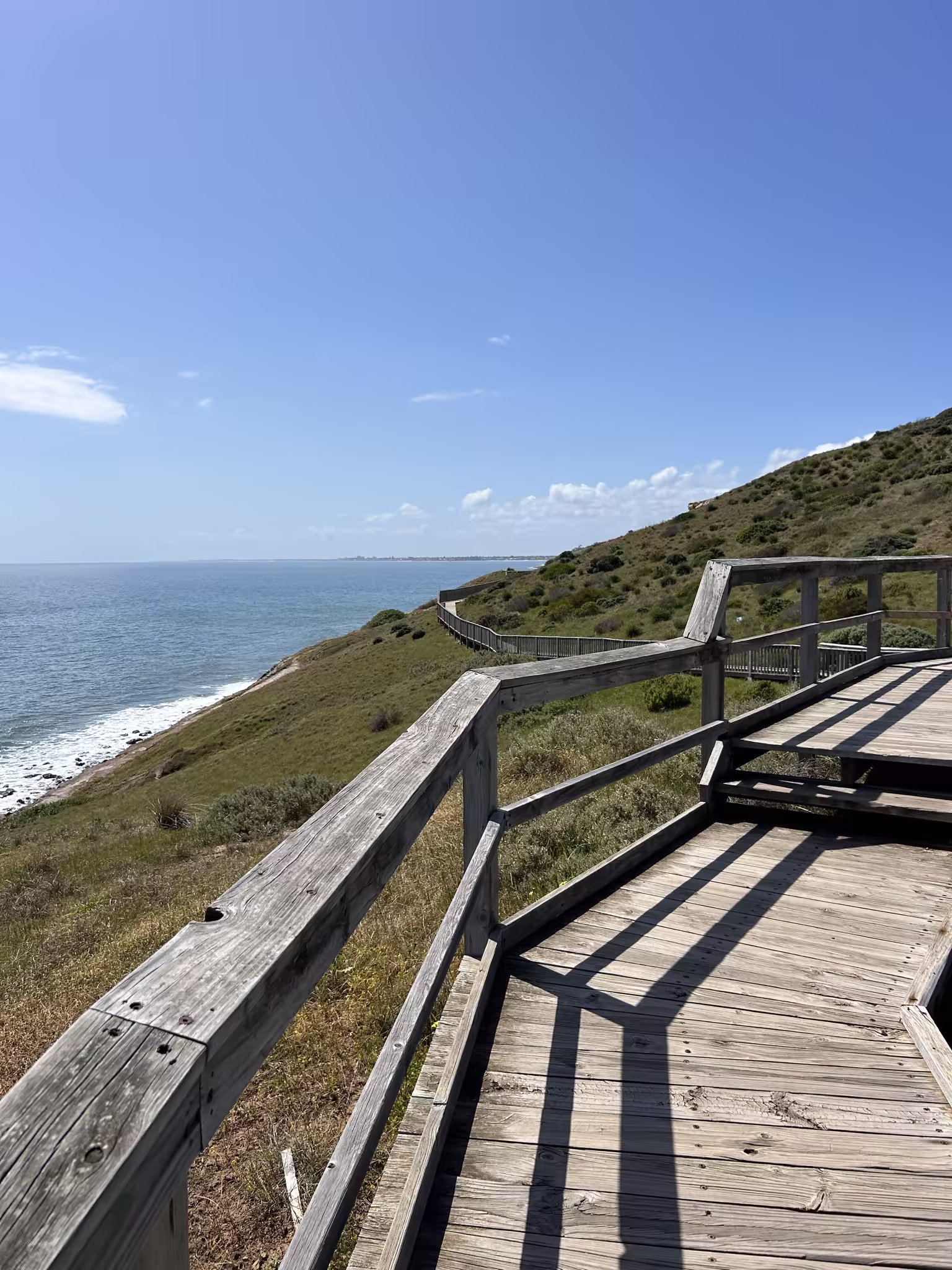 A boardwalk descending a green headland towards the sea
